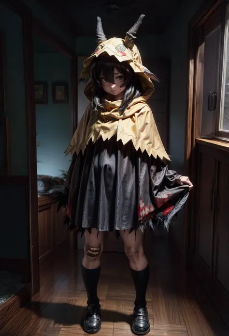 (Highres), (Detailed Illustration), Ultra-Detailed, 8k,highres, masterpiece, nsfw, mimikyu_cosplay, 1girl, black hair, hair between eyes, black eyes, long sleeves, poncho, horns, pantyhose, black pants, standing, blood, bandages, bandaid, bandaged leg, bandaid on leg, looking at viewer, <lora:mimikyu_cosplay-03:1> <lora:add_detail:1> <lora:hairdetailer:0.8> <lora:NSFWFilter:1>