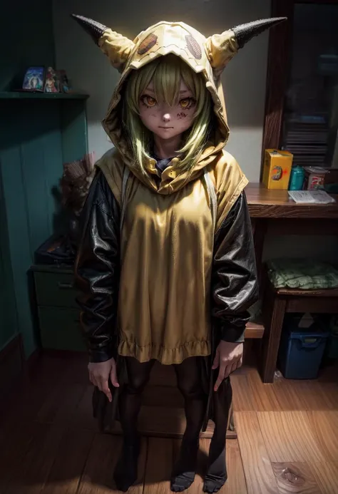 (Highres), (Detailed Illustration), Ultra-Detailed, 8k,highres, masterpiece, nsfw, gavial, mimikyu_cosplay, 1girl, green hair, hair between eyes, yellow eyes, long sleeves, poncho, hood, hood up, horns, pantyhose, black pants, standing, blood, bandages, bandaid, bandaged leg, bandaid on leg, looking at viewer, <lora:mimikyu_cosplay-03:1>, <lora:Gavial-04:0.8> <lora:add_detail:1> <lora:hairdetailer:0.8> <lora:NSFWFilter:1>