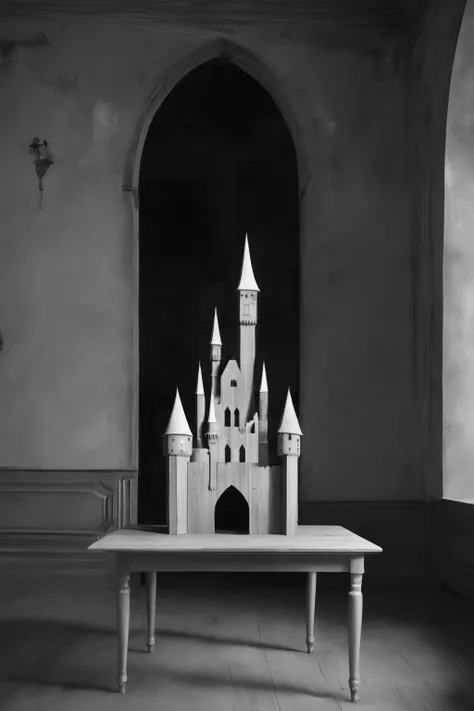 <lora:Photographer Elena Helfrecht Style:1>Photographer Elena Helfrecht Style - a wooden table with a castle cut out of it in the middle of a room