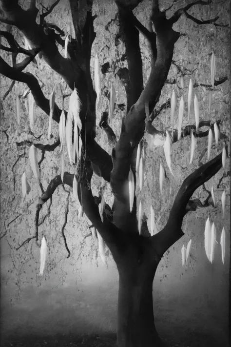 <lora:Photographer Elena Helfrecht Style:1>Photographer Elena Helfrecht Style - a black and white photo of a tree with white feathers hanging from it
