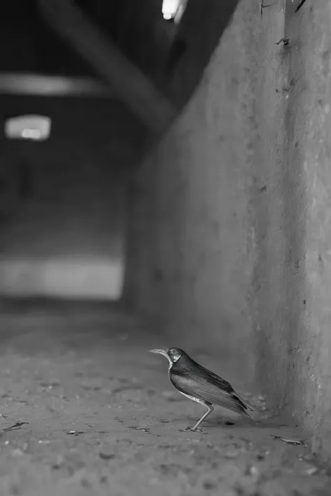 <lora:Photographer Elena Helfrecht Style:1>Photographer Elena Helfrecht Style - a black and white photo of a bird on the ground next to a wall