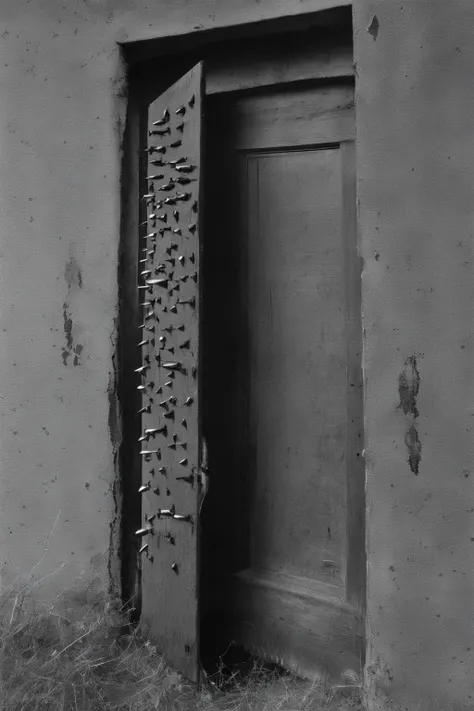 <lora:Photographer Elena Helfrecht Style:1>Photographer Elena Helfrecht Style - a black and white photo of a door with nails sticking out of it