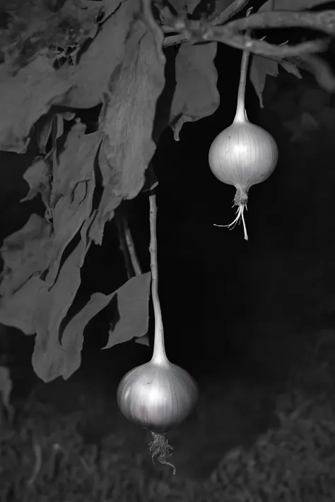 <lora:Photographer Elena Helfrecht Style:1>Photographer Elena Helfrecht Style - a black and white photo of an onion hanging from a tree with leaves