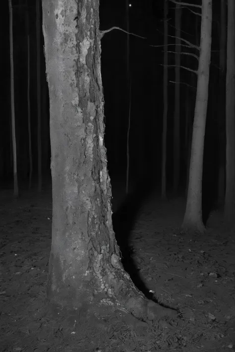 <lora:Photographer Elena Helfrecht Style:1>Photographer Elena Helfrecht Style - a black and white photo of a tree trunk in the woods at night