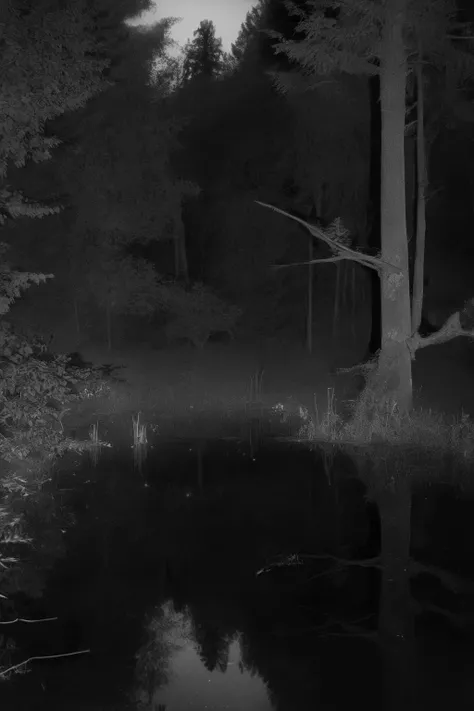 <lora:Photographer Elena Helfrecht Style:1>Photographer Elena Helfrecht Style - a black and white photo of a pond in the woods at night time
