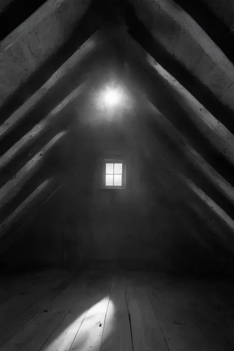 <lora:Photographer Elena Helfrecht Style:1>Photographer Elena Helfrecht Style - a black and white photo of an attic with a light shining through the roof