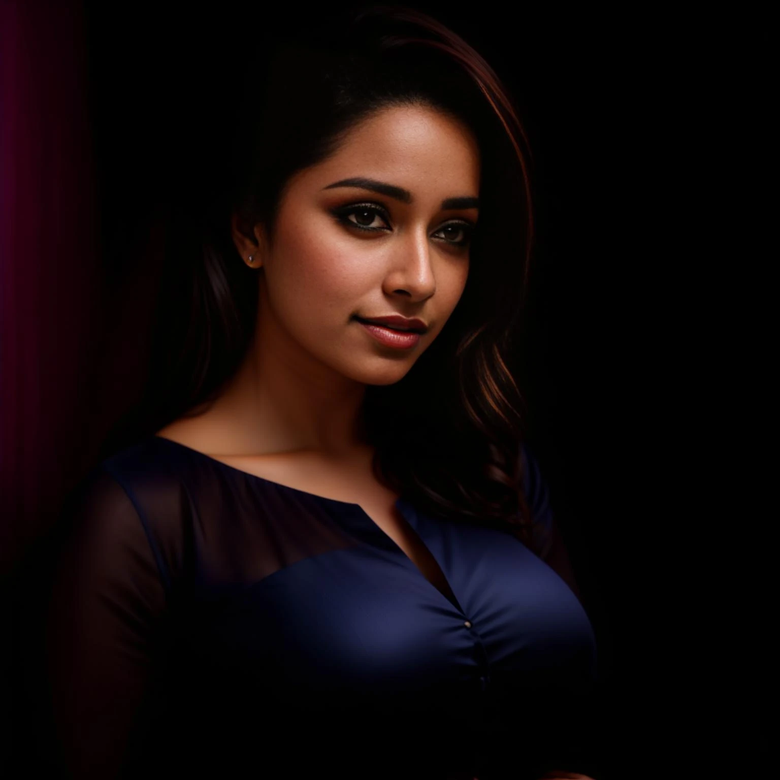 hires photo of woman, full body, looking at camera, colorful ethnic dress, absolute black background, skp <lora:ShraddhaKapoor:1>