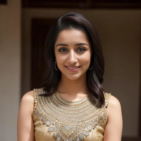 a portrait photo of a 25_year_old woman, light smile, looking at viewer, intricate traditional indian clothes, skp <lora:ShraddhaKapoor:1>