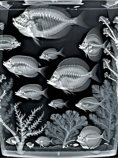 x-ray, An x-ray view of an aquarium, revealing the skeletal structures of various fish and marine creatures, set against the backdrop of a coral reef <lora:DD-xray-v1:1>, serene, intricate, HDR.