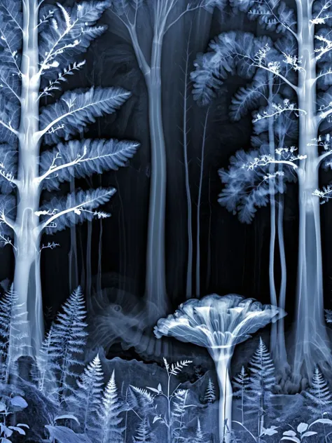 x-ray, A detailed image of a forest where the trees and wildlife are seen in x-ray, showcasing the complex ecosystems from roots to treetops <lora:DD-xray-v1:1>, educational, intricate, HDR.