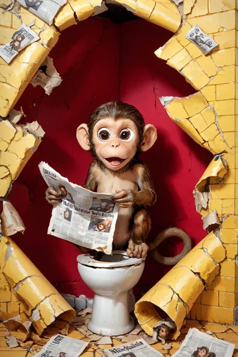 A humorous and surreal scene where a broken wall reveals a toilet with a monkey in the middle of using it. The monkey, looking very startled and comical, is holding a newspaper to cover itself. The toilet is detailed with a toilet bowl, tiles, and other typical bathroom fixtures, creating a realistic and immersive environment. The broken wall adds a dramatic and unexpected element to the scene, with pieces of debris scattered around. The monkeyâs expression of shock and the way it clutches the newspaper add a touch of humor and absurdity to the image. The lighting highlights the scene perfectly, emphasizing the contrast between the rough, broken wall and the clean, everyday bathroom.
<lora:EnvyBetterHiresFixXL01:1.0>,
<lora:EldritchMixIllustration_1.0:0.5>,
<lora:WildcardX-XL-Detail-Enhancer:0.6>,
<lora:zavy-hlbckdrp-sdxl:1.0> zavy-hlbckdrp, hole through foreground, paper hole