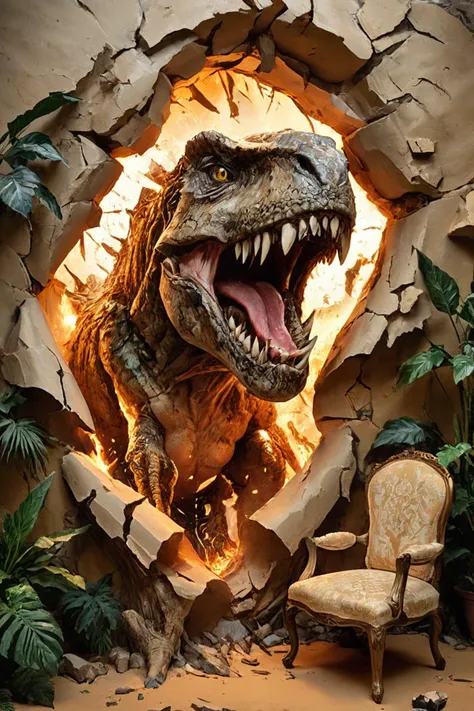 A living room wall with a large, cracked hole through which a ferocious T-Rex is bursting out. The T-Rex displays its sharp teeth, looking menacing and powerful. The living room is modern and well-decorated, with stylish furniture and decor items scattered around, creating a stark contrast to the prehistoric creature. The lighting highlights the chaos caused by the T-Rexâs sudden appearance, with dust and debris flying around. The scene is dynamic and intense, capturing the sheer terror and surprise of the moment. Highly detailed, photorealistic, cinematic, high-definition, dramatic lighting, intricate textures.
<lora:EnvyBetterHiresFixXL01:1.0>,
<lora:EldritchMixIllustration_1.0:0.5>,
<lora:WildcardX-XL-Detail-Enhancer:0.6>,
<lora:zavy-hlbckdrp-sdxl:1.0> zavy-hlbckdrp, hole through foreground, paper hole