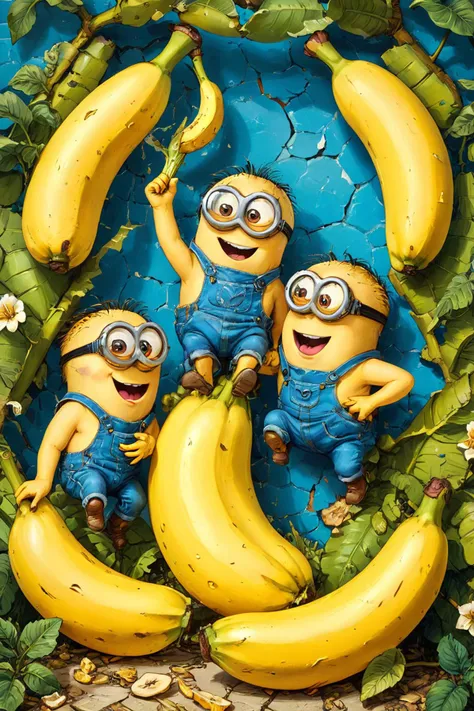 A playful and whimsical scene where a shattered wall reveals a group of Minions joyfully eating bananas. The Minions, with their signature yellow color and blue overalls, are scattered around, each holding a banana and displaying expressions of pure delight. Some Minions are sitting, some standing, and others even playfully tossing bananas in the air. The broken wall adds a humorous element, as if the Minions have broken through just to have their banana feast. The background is vibrant and colorful, enhancing the cheerful atmosphere. Details such as the texture of the bananas, the mischievous glint in the Minions' eyes, and the playful mess they create add to the lively and engaging scene. The lighting is bright and cheerful, highlighting the joyful nature of the Minions and their love for bananas.
<lora:EnvyBetterHiresFixXL01:1.0>,
<lora:EldritchMixIllustration_1.0:0.5>,
<lora:WildcardX-XL-Detail-Enhancer:0.6>,
<lora:zavy-hlbckdrp-sdxl:1.0> zavy-hlbckdrp, hole through foreground, paper hole