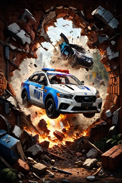 A living room with a shattered, cracked hole in the wall through which a speeding police car is crashing out. The police car is mid-air, bursting through the debris, with shattered bricks and dust flying everywhere. The scene captures the moment of high action and intensity, with dynamic lighting and detailed textures. The room has furniture and decor that are being knocked over and damaged by the impact. The atmosphere is chaotic and thrilling, with a sense of urgency and motion. Photorealistic, cinematic, high-definition, dynamic lighting, detailed textures, action-packed, intense, dramatic, high-energy, realistic destruction, vivid.
<lora:EnvyBetterHiresFixXL01:1.0>,
<lora:EldritchMixIllustration_1.0:0.5>,
<lora:WildcardX-XL-Detail-Enhancer:0.6>,
<lora:zavy-hlbckdrp-sdxl:0.85> zavy-hlbckdrp, hole through foreground, paper hole
<lora:zavy-cntrst-sdxl:0.6> dark, chiaroscuro, low-key,
<lora:ral-vlntxplzn:0.5> ral-vlntxplzn,