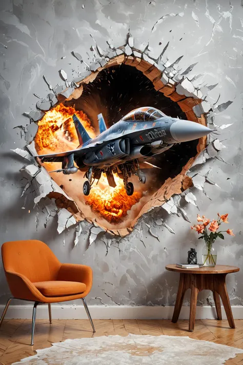 A living room wall with a large, cracked hole through which a high-speed fighter jet is bursting out. The jet appears dynamic and powerful, with its motion captured in a dramatic and realistic way. The living room is modern and well-decorated, with stylish furniture and decor items scattered around, creating a stark contrast to the unexpected appearance of the jet. The lighting highlights the chaos caused by the jetâs sudden emergence, with dust and debris flying around. The scene is dynamic and intense, capturing the sheer surprise and energy of the moment. Highly detailed, photorealistic, cinematic, high-definition, dramatic lighting, intricate textures, motion blur.
<lora:quality1:1.0>,
<lora:EldritchMixIllustration_1.0:0.5>,
<lora:WildcardX-XL-Detail-Enhancer:0.6>,
<lora:zavy-hlbckdrp-sdxl:1.0> zavy-hlbckdrp, hole through foreground, paper hole