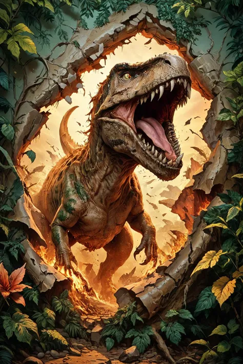 A living room wall with a large, cracked hole through which a ferocious T-Rex is bursting out. The T-Rex displays its sharp teeth, looking menacing and powerful. The living room is modern and well-decorated, with stylish furniture and decor items scattered around, creating a stark contrast to the prehistoric creature. The lighting highlights the chaos caused by the T-Rexâs sudden appearance, with dust and debris flying around. The scene is dynamic and intense, capturing the sheer terror and surprise of the moment. Highly detailed, photorealistic, cinematic, high-definition, dramatic lighting, intricate textures.
<lora:EnvyBetterHiresFixXL01:1.0>,
<lora:EldritchMixIllustration_1.0:0.5>,
<lora:WildcardX-XL-Detail-Enhancer:0.6>,
<lora:zavy-hlbckdrp-sdxl:1.0> zavy-hlbckdrp, hole through foreground, paper hole