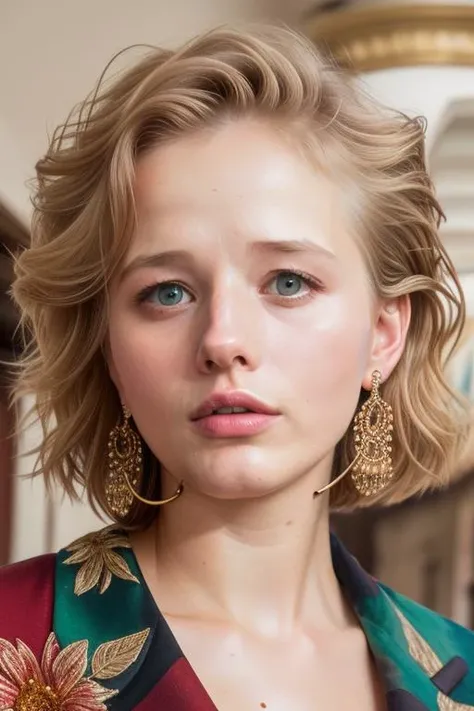 stunning medium photo of (emb-bortich), (jewelry,earrings, bobby pin,,hoop earrings , column dress), (worried look:0), ((flower shop)), RAW, best quality, masterpiece, ultra-detailed, realism, (extremely detailed eyes, extremely detailed face), detailed skin, textured skin, insane details, soft lighting, UHD, looking at viewer, intricate details, sharp focus, absurdres, highres, style by Alexander Millar, bold, bright colours, by Lauren Murphy , (watercolor_medium, brush strokes, painting:1), from front