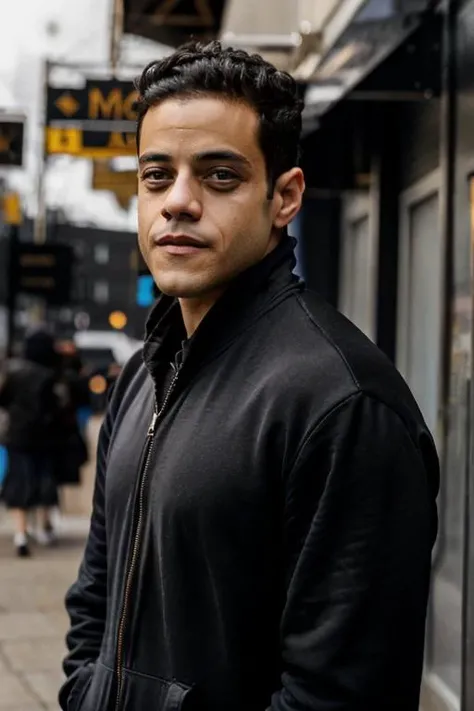 male,realistic,<lora:rami_malek:0.7>,rami_malek,in center of city,wearing black hoodie