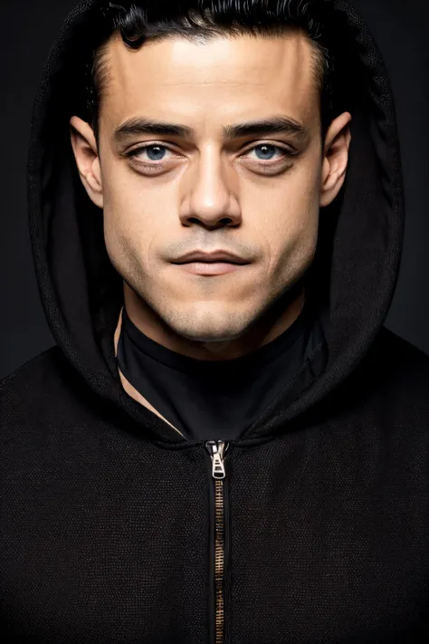rami_malek, portrait, upper body, front, chest, looking_at viewer, black_hoodie, hood, simple_background, dark_background, <lora:rami_malek:0.7>