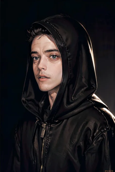 rami_malek, portrait of man, upper body, front, chest, looking_at viewer, black_hoodie, hood, simple_background, dark_background, <lora:rami_malek:0.7>