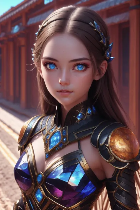 a glamour photo of abig [temptress|vixen], wearing F43Arm0r, sci-fi,tech, futuristic, <lora:Fae_Armor:0.85>, crisp quality,cute, perfect face, pretty face, Sapphire eyes, brown hair, very long hair, small breasts, lush detail, absurdres, on a desert road,