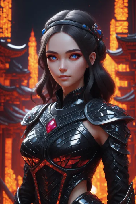 a portrait of a beautiful ninja, standing, goddess, wearing F43Arm0r, sci-fi,tech, futuristic, <lora:Fae_Armor:0.85>, dynamic angle, extremely detailed, seductive, perfect face, bright eyes, beautiful detailed eyes, ruby eyes, pompadour, large breasts, detailed background,