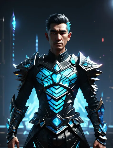 ((best quality)), ((masterpiece)), ((realistic,digital art)), (hyper detailed), full body shot of Elderly Well-defined, Central Asian, Gray eyes, Round Nose, Unusual Chin, Square face shape, Well-defined Achilles Tendons, , Aqua Mid fade hair, Worry, wearing F43Arm0r, Prairie Perseid Meteor Shower,Street,Karst Landscape, sci-fi,tech, futuristic,octane rendering, raytracing, volumetric lighting, Backlit,Rim Lighting, 8K, HDR, <lora:Fae_Armor-000008:1>