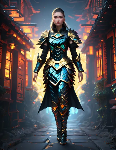 ((best quality)), ((masterpiece)), ((realistic,digital art)), (hyper detailed), full body shot of Middle-aged, Voluptuous, Inuit, Golden eyes, Protruding Chin, Defined Jaw, Rectangular face shape, , Honey Blonde Textured haircut hair, Admiration wearing F43Arm0r, Alleyway Seagrass, octane rendering, raytracing, volumetric lighting, Backlit,Rim Lighting, 8K, HDR, <lora:Fae_Armor-000008:1>