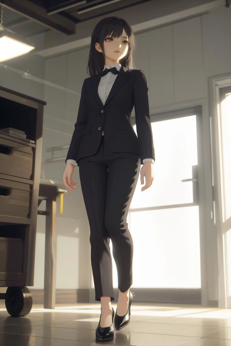 masterpiece, best quality, indoors, detailed background, industrial interior, night, Eve3D, lens_flare, caustics, (dim_lighting:1.2), (chromatic_aberration,film_grain:1.1), (subsurface_scattering:1.2), bokeh, 
1girl, solo, full body, dynamic pose, looking away, :q, Structured blazer, Cigarette pants, Pointed-toe pumps, 
<lora:eve3d_v0.4:0.5>,