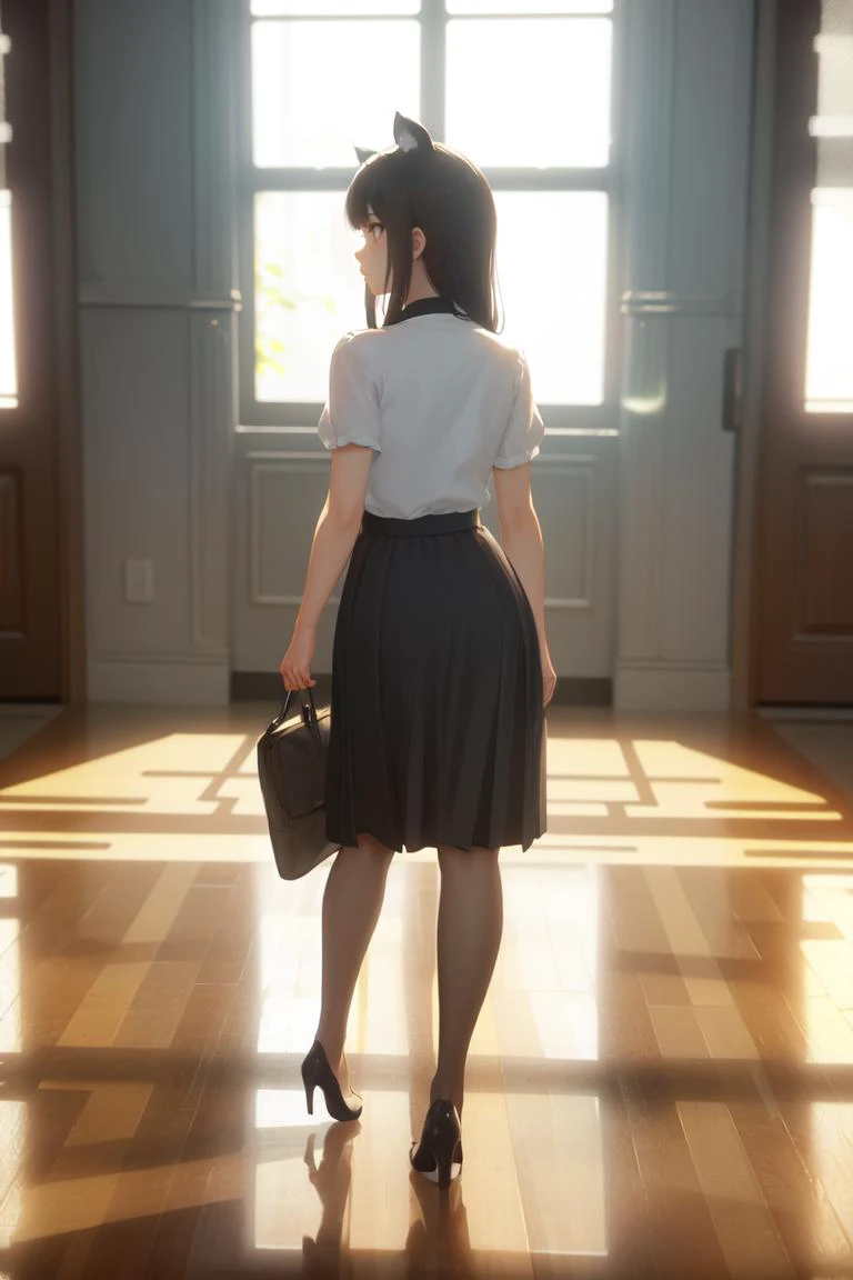 masterpiece, best quality, indoors, detailed background, nautical interior, evening, Eve3D, lens_flare, caustics, (dim_lighting:1.2), (chromatic_aberration,film_grain:1.1), (subsurface_scattering:1.2), bokeh,
1girl, solo, full body, dynamic pose, from behind, looking away, animal ears, afraid, Asymmetrical blouse, Pleated midi skirt, Kitten heels,
<lora:eve3d_v0.4:0.5>,
