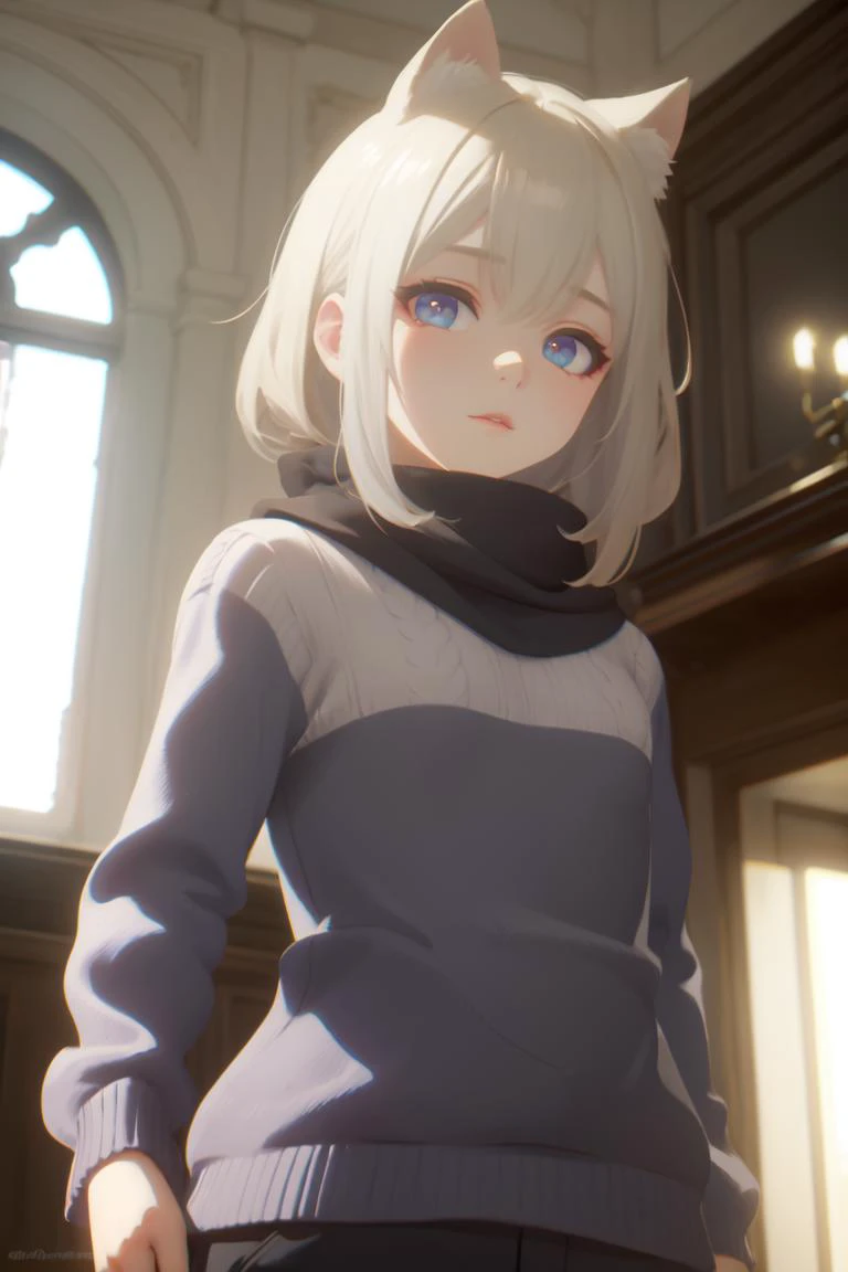 masterpiece, best quality, indoors, detailed background, gothic interior, dusk, Eve3D, lens_flare, caustics, (dim_lighting:1.2), (chromatic_aberration,film_grain:1.1), (subsurface_scattering:1.2), bokeh,
1girl, solo, upper_body, dynamic pose, looking at viewer, animal ears, Cashmere sweater, Wide-leg trousers, Blanket scarf,
<lora:eve3d_v0.4:0.5>,