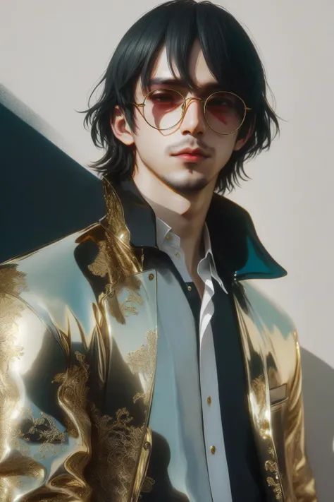 1boy reflective glasses,
bangs,
long hair,
shadows,
Gradient mastery,ink,gold decorations and alcohol ink elements.,
(Alessio Albi) contemporary,fashion,photography,photography-color,portraits,
[(details:1.2): [ (many small details:1.3) : [ (many ultrasmall details: 1.2):(very detailed ultrasmall edges and microrelief:1.5):0.7 ]: 0.4 ] :0.2],
Eve3D,<lora:eve3dXL:0.8>,