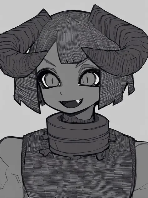 <lora:Bone_Nigi-PonyXL-1024px:1>
score_5_up,
1girl, solo, upper body, short hair, bobcut, curled_horns, slit pupils, metal_collar, smile, open mouth, fang, black sleeveless