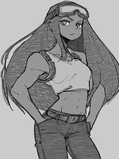 <lora:Bone_Nigi-PonyXL-1024px:0.8>
score_5_up,
1girl, solo, standing, hands in pockets, wearing (crop top, pants, belt, belt_pouch), goggles_on_head, very long hair