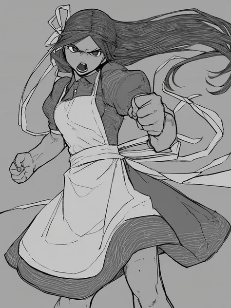 <lora:Bone_Nigi-PonyXL-1024px:0.8>
score_5_up,
1girl, solo, standing, fighting pose, clenched fists, wearing (dress, white apron, short puffy sleeves, hair_ribbon), long hair, open mouth