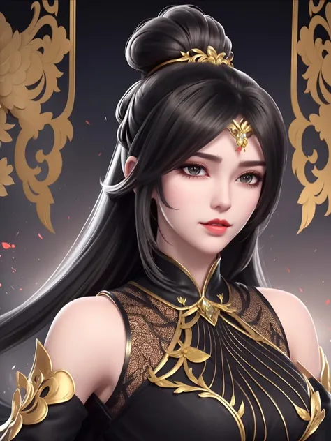 1girl, mature female,black long dress, cityscape, looking at viewer, detached sleeves, hair ornament, elbow gloves, ponytail, gold trim, china dress, forehead jewel, bra,veil, <lora:MONVwmsj_20230725095334:0.75>,see-through,