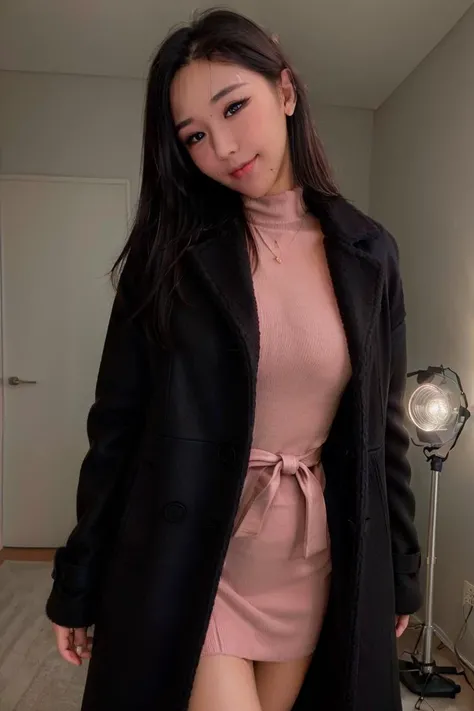 <lora:Lucyinthe_v4-10:0.8>, Lucyinthe, photo of a beautiful girl, looking at the camera, smile,
(wearing oversized_coat:1.3),woman posing for a photo, black coat, pink sweater, pink dress, half body shot, good hand,4k, high-res, masterpiece, best quality, head:1.3,((Hasselblad photography)), finely detailed skin, sharp focus, (cinematic lighting), night, soft lighting, dynamic angle, <lora:oversized_coat-10:0.5>