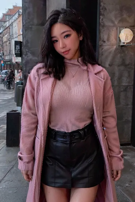<lora:Lucyinthe_v4-10:0.8>, Lucyinthe, photo of a beautiful girl, looking at the camera, smile,
(wearing oversized_coat:1.3),woman posing for a photo, black coat, pink sweater, pink dress, half body shot, good hand,4k, high-res, masterpiece, best quality, head:1.3,((Hasselblad photography)), finely detailed skin, sharp focus, (cinematic lighting), night, soft lighting, dynamic angle, <lora:oversized_coat-10:0.5>