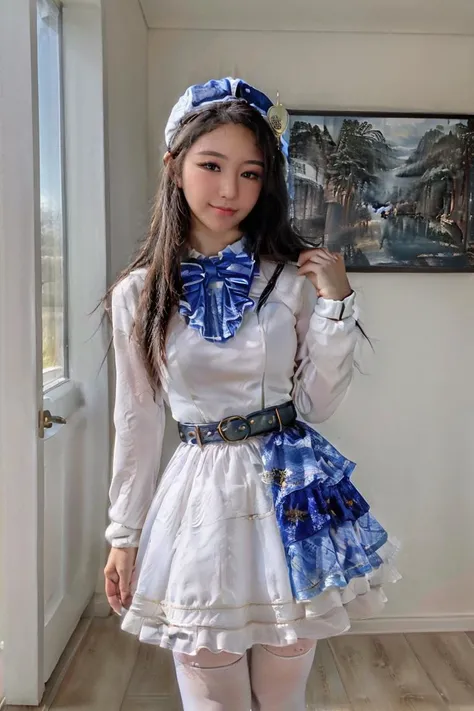 <lora:Lucyinthe_v4-10:0.8>, Lucyinthe, photo of a beautiful girl, looking at the camera, smile,
best quality, masterpiece, photorealistic, 1girl, solo, full body, standing, long straight hair, looking at viewer, own hands together, smile, cyb dress, capelet, long sleeves, belt, bow, bowtie, hat, headwear, white pantyhose, shoes, simple background, <lora:idol_costume_style8_v1:0.75>