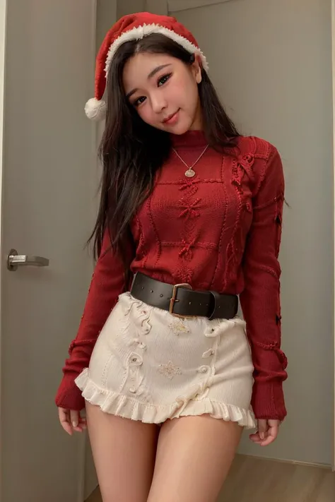 <lora:Lucyinthe_v4-10:0.8>, Lucyinthe, photo of a beautiful girl, looking at the camera, smile,
red dress, detailed santa hat, santa outfit, red sweater, puffy skirt, Christmas tree, belt,