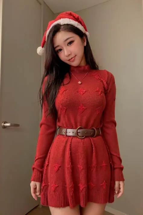 <lora:Lucyinthe_v4-10:0.8>, Lucyinthe, photo of a beautiful girl, looking at the camera, smile,
red dress, detailed santa hat, santa outfit, red sweater, puffy skirt, Christmas tree, belt,