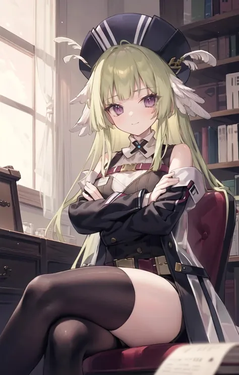 1girl, solo, petite, long_hair, looking_at_viewer, bangs, long_sleeves, hat, bare_shoulders, blush, light_smile, closed_mouth, medium_breasts, sitting, (sitting_on_desk), purple_eyes, jacket, white_shirt, green_hair, open_clothes, belt, black_thighhighs, blunt_bangs, off_shoulder, ((crossed_arms)), ((crossed_legs)), open_jacket, two-tone_jacket, see-through, zettai_ryouiki, sleeveless_shirt, black_shorts, hat_feather, poncirus_(arknights), chest_belt, feather_hair, multicolored_jacket, multicolored_clothes, two-tone_shirt, turtleneck, short_shorts, heart-shaped_pupils, white_pupils, black_ribbon, belt, indoors, library, bookshelf, window_shade, sunshine, ((masterpiece)), (highres), (best_quality), (highly_detailed), (original),(Delicate background),(extremely detailed 8K wallpaper),cinematic lighting, volume lighting, light particles, beautiful_detailed_eyes, depth_of_field, perspective,<lora:Poncirus:0.8:lbw=char>,