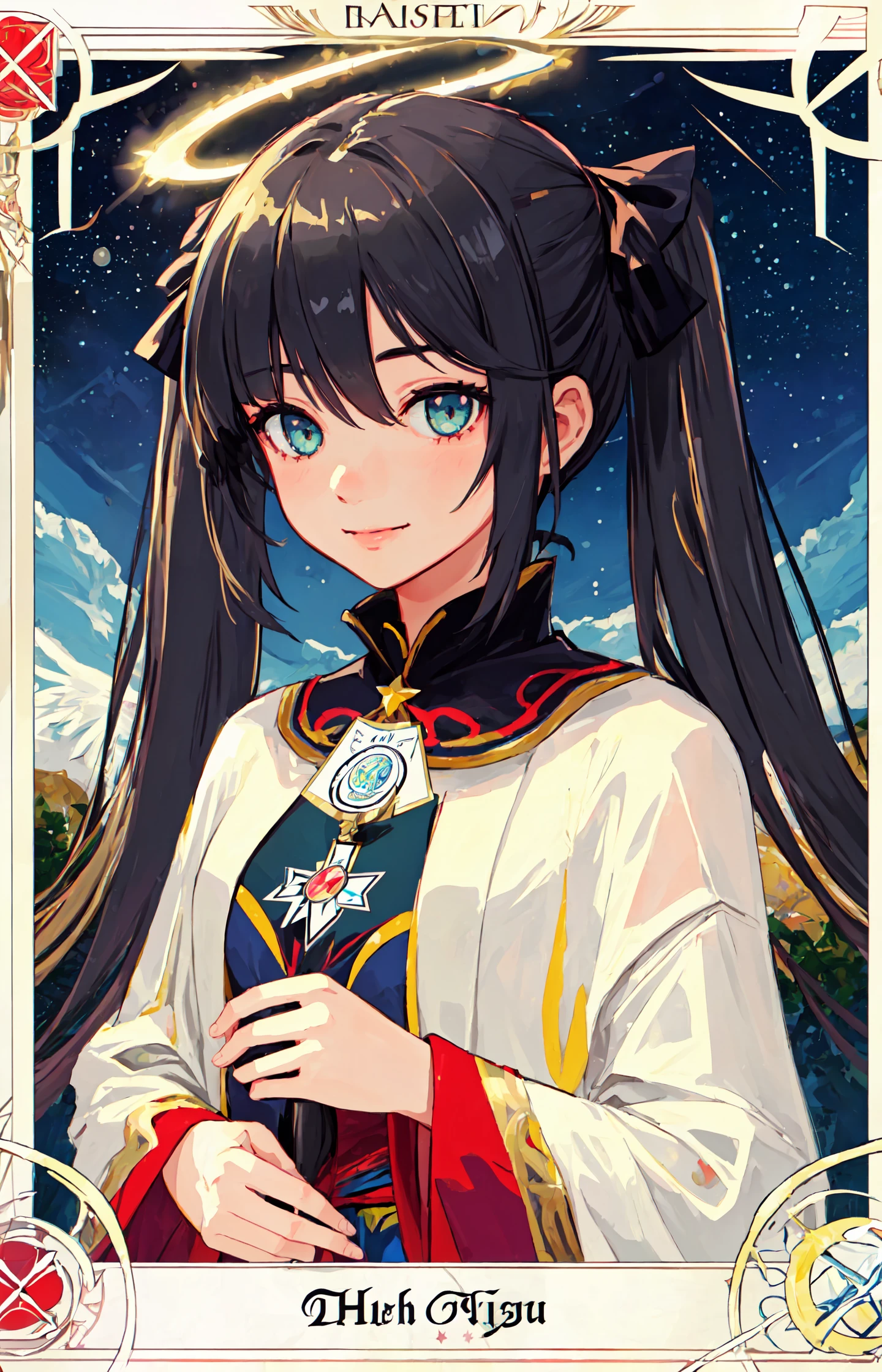(masterpiece), (best quality), (ultra detailed),(disheveled hair),(illustration), (1girl), (Fashionable clothing), standing,Fashion model,looking at viewer, (interview), (simple background),beautifuldetailedeyes,delicate beautiful face,Floating,(high saturation),(colorful splashes),colorful bubble,(shining),focus on face, mona \(genshin impact\), black hair, twintails, hair ornament, upper body, looking at viewer, alphonse mucha, (tarot:1.3), ((solo)), ((1girl)), star \(sky\), starry sky, star halo, angel wings, capelet, smile,