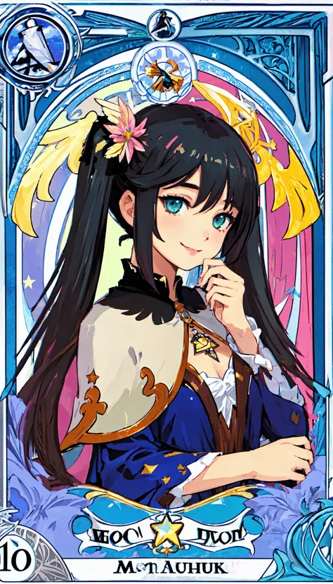 masterpiece, best_quality, ultra-detailed, illustration, (art nouveau:1.4), viewfinder, mona \(genshin impact\), black hair, twintails, hair ornament, upper body, looking at viewer, alphonse mucha, (tarot:1.3), ((solo)), ((1girl)), star \(sky\), starry sky, star halo, angel wings, capelet, smile, top hat,