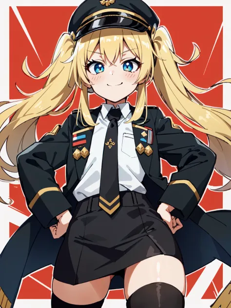 ((masterpiece:1.4, best_quality, ultra-detailed))++, 1girl, solo, cowboy shot, smile, closed mouth, smug, military jacket, military hat, blonde hair, twintails, tsurime, black miniskirt, pencil skirt, black kneehighs, zettai ryouiki, flat chest, military uniform, necktie,