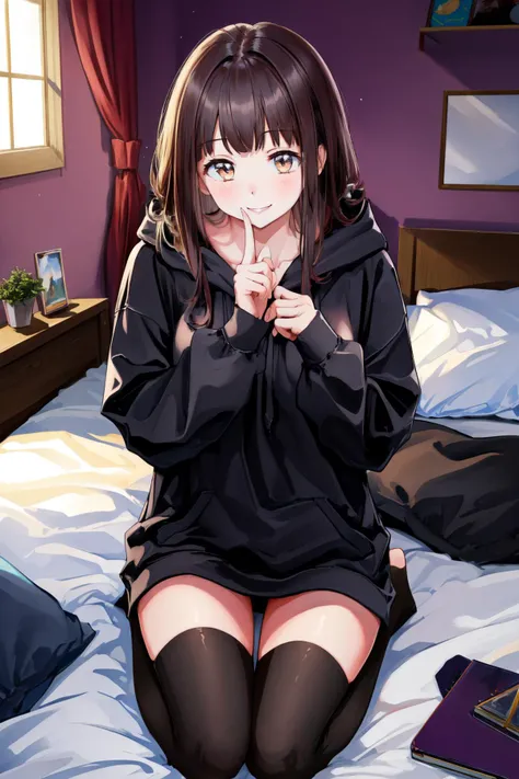 (masterpiece, best quality:1.2), (absurdres, highres, ultra-detailed), (perfect anatomy), <lora:Menherachan:1>, Menherachan, 1girl, solo, black hoodie, long hoodie, black thighhighs, seiza, bed, bedroom, <lora:add_detail:0.3>, <lora:GoodHands-beta2:1>, <lora:Concept_Shushing:1> , shushing, evil smile