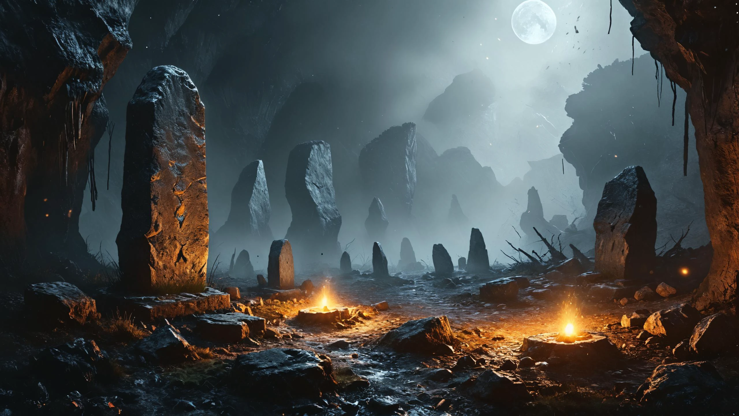 photorealistic detailed digital illustration of a circle of madmze standing stones, Glowing caverns harboring mysterious luminescent creatures in the background,, best on artstation, cgsociety, wlop, Behance, pixiv, astonishing, impressive, outstanding, epic, cinematic, stunning, gorgeous, breathtaking fantasy art, masterpiece <lora:Colorful_Maze_Pattern_SDXL:0.8> <lora:MJ52:0.8> <lora:Desolation:0.7>