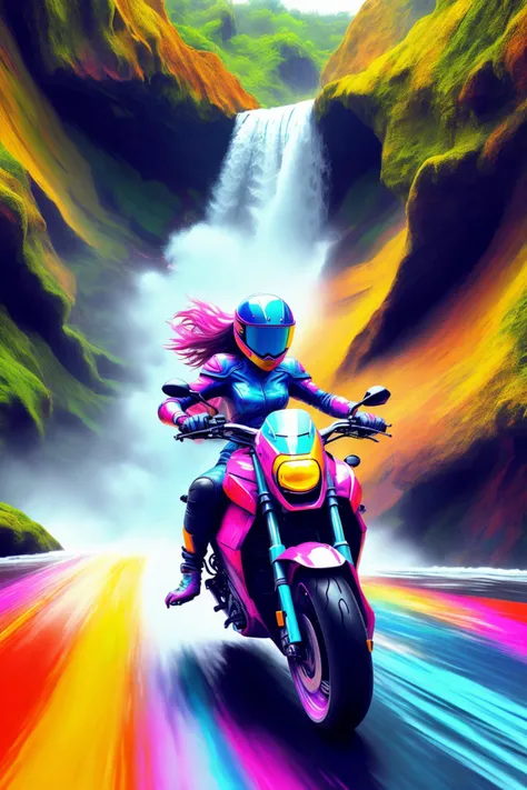 rainbowpunk, a woman riding a motorcycle through a waterfall made of paint