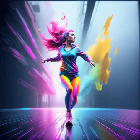 rainbowpunk, a woman running through a rainstorm