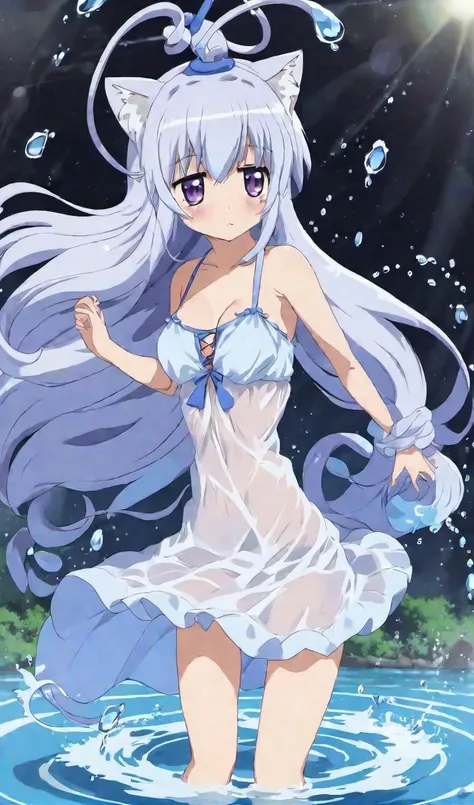 <lora:0_TsumMina_XL_00_01:1>,white hair,water,tsumikiminiwa01,(water ring:1.4),High quality,masterpiece,A beautiful woman is surrounded by a water ring,Water splashes,wallpaper,(translucent white gauze dress:1.3),(bikini:1.3),ponytail,walking,splashing water,fantasy,medium breasts,cleavage,slender,